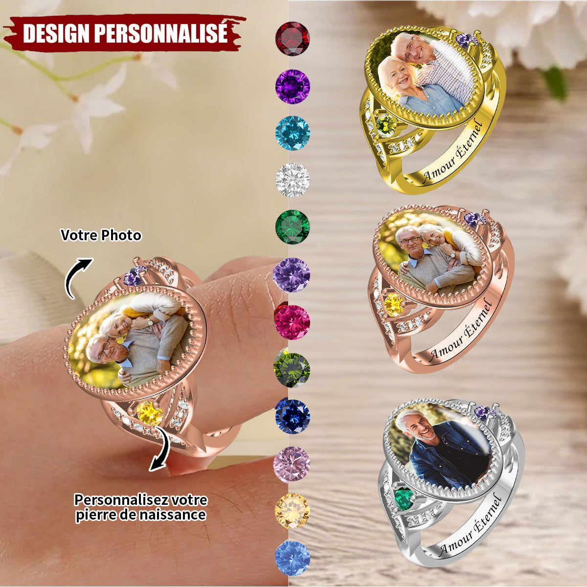 Bague Ovale Personnalisée avec Photo - Cadeau Romantique et Intemporel pour Couples