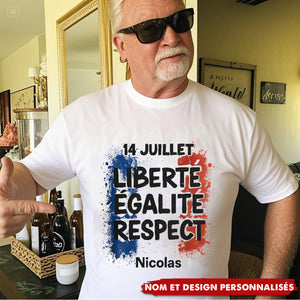 T-shirt 14 Juillet Personnalisé – Liberté, Égalité, Respect + Prénom