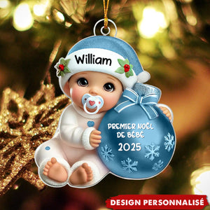 Suspension Acrylique Personnalisée 3D –  Bébé à côté d'une boule de Noël