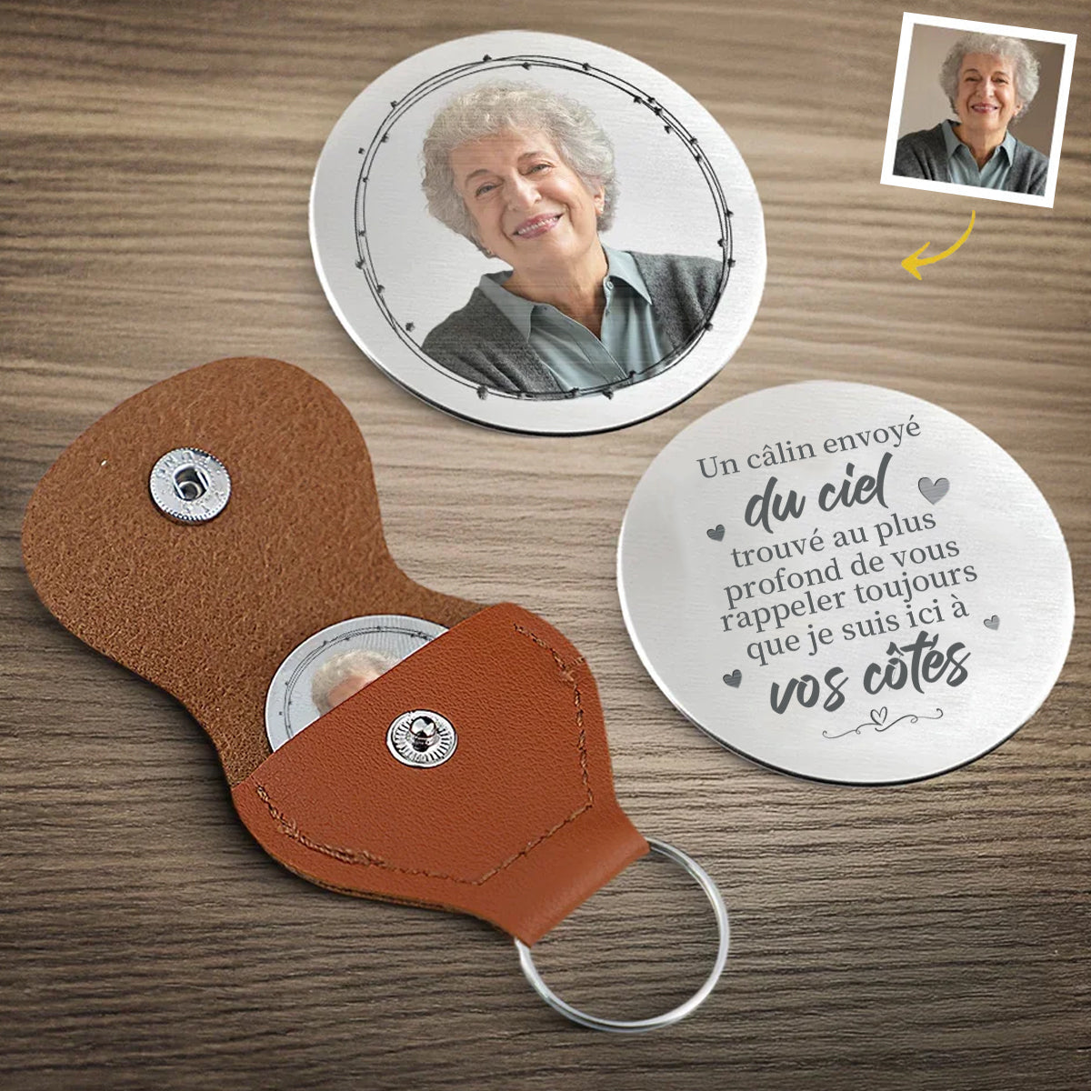 Porte-Clés Commémoratif Personnalisé – “Un Câlin du Ciel” avec Photo et Message Gravé