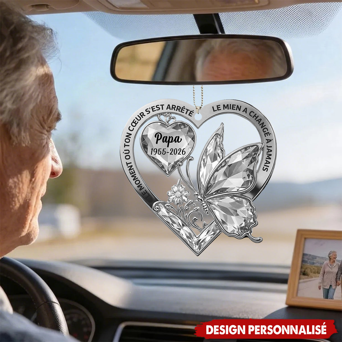Ornement de Voiture Personnalisé au Papillon et Cœur - Hommage Brillant pour Votre Être Cher