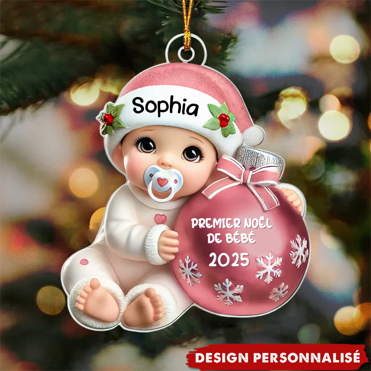 Suspension Acrylique Personnalisée 3D –  Bébé à côté d'une boule de Noël