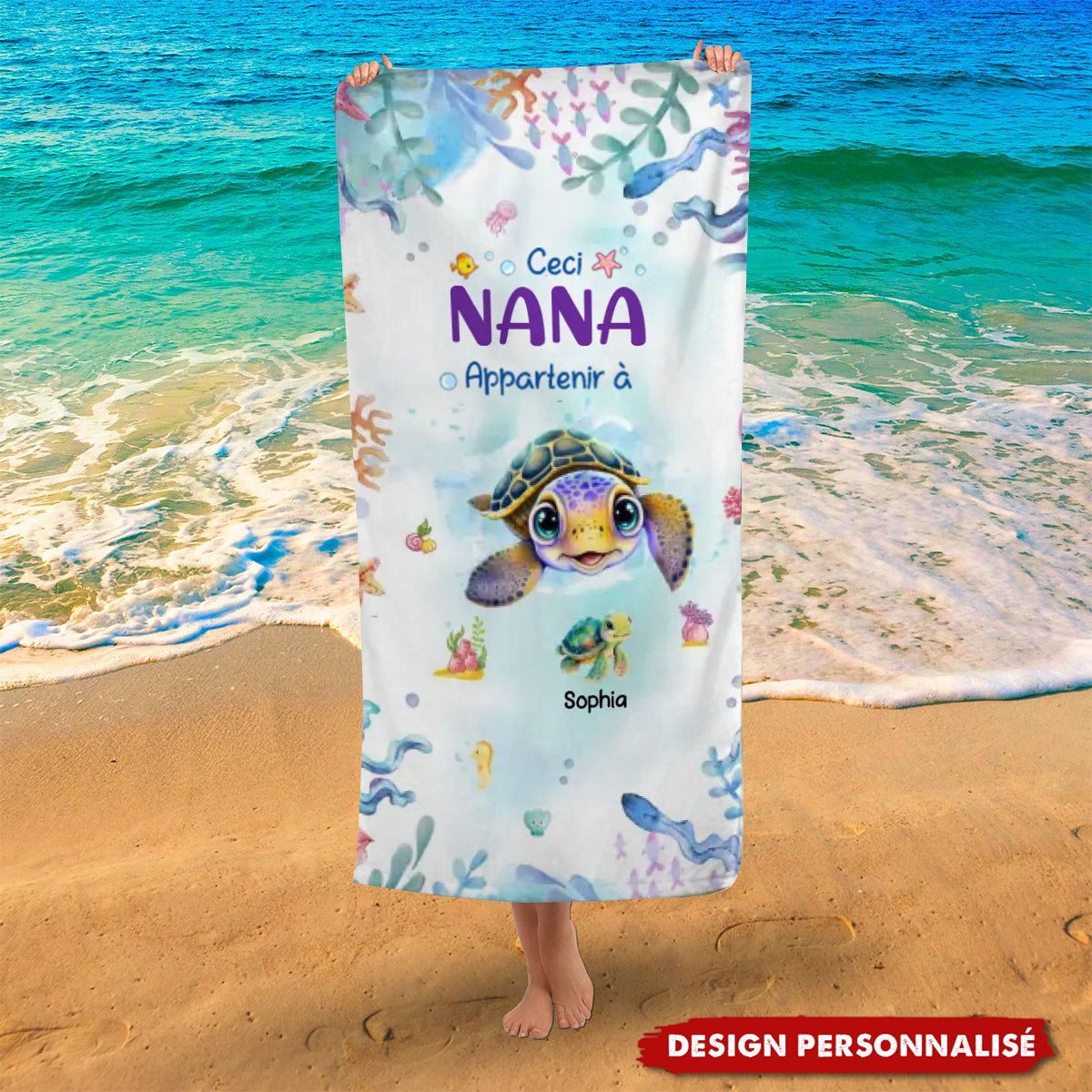 Serviette de Plage Personnalisée Mamie et Petites Tortues