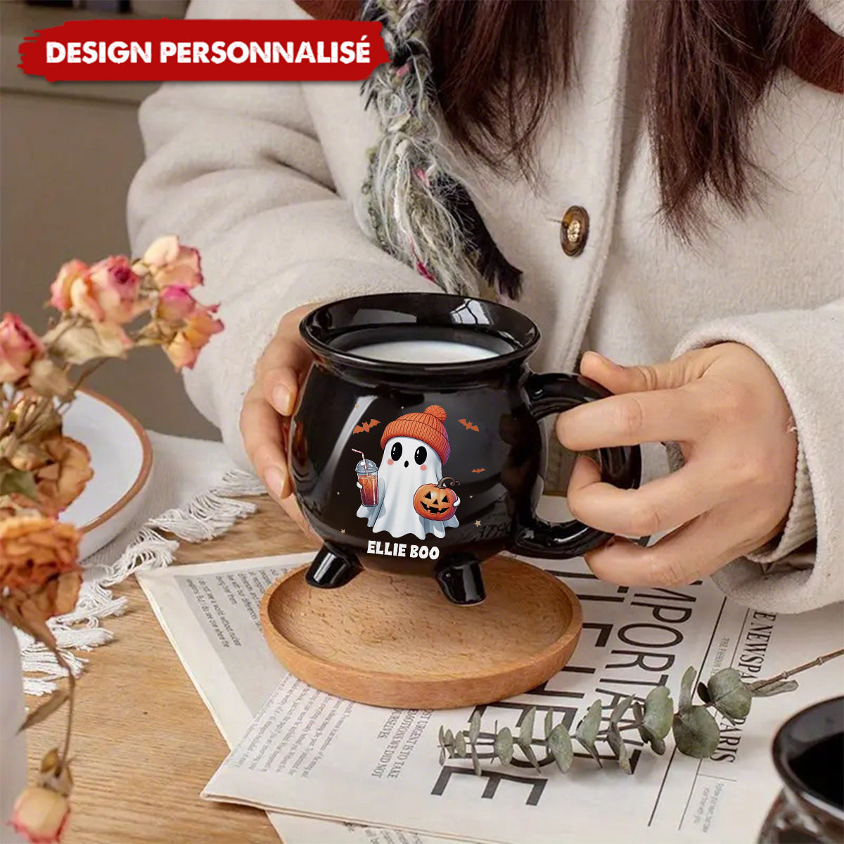 Mug Chaudron Personnalisé Halloween – Fantôme Kawaii avec Citrouille et Prénom