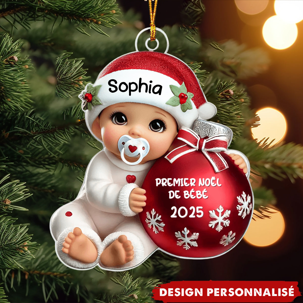 Suspension Acrylique Personnalisée 3D –  Bébé à côté d'une boule de Noël