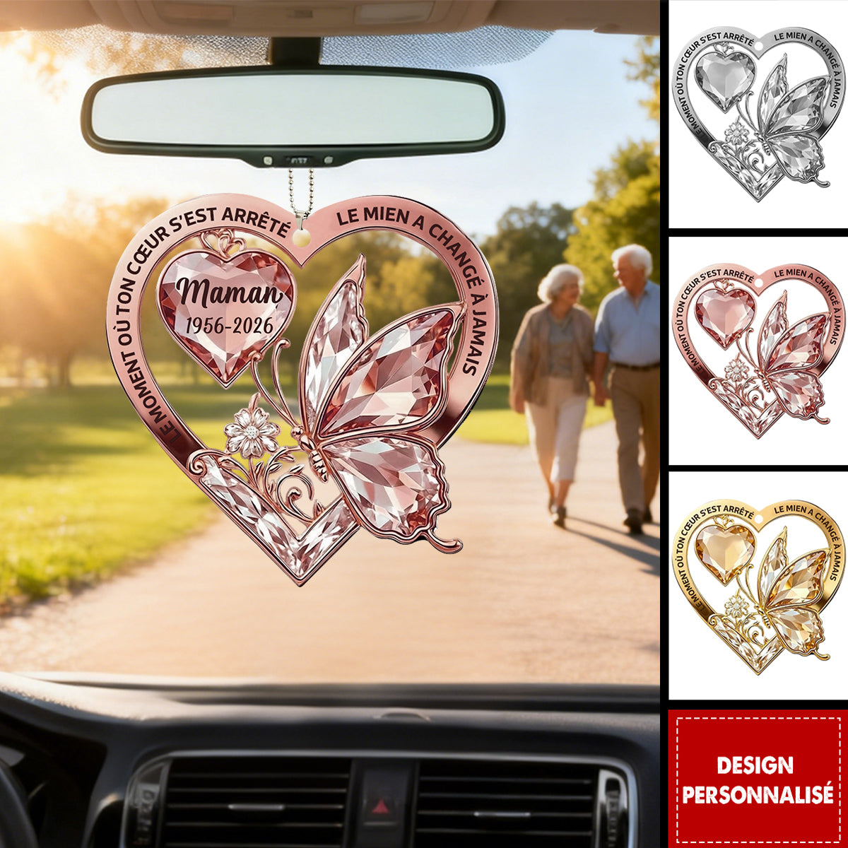 Ornement de Voiture Personnalisé au Papillon et Cœur - Hommage Brillant pour Votre Être Cher