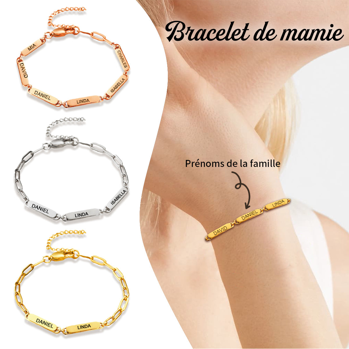 Bracelet Personnalisé avec Prénoms – Cadeau pour Maman ou Mamie