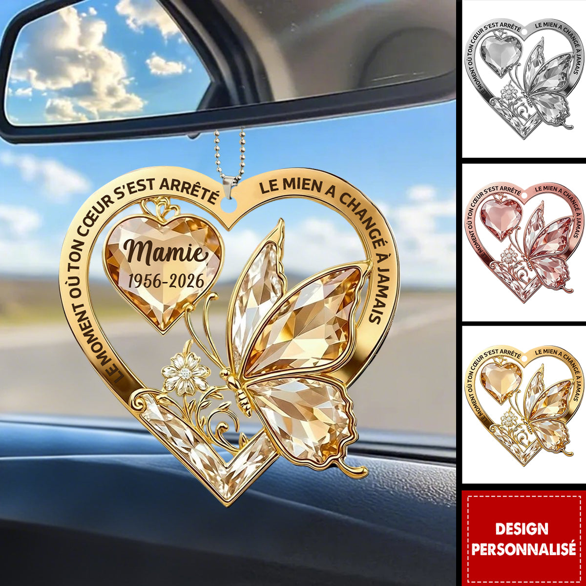 Ornement de Voiture Personnalisé au Papillon et Cœur - Hommage Brillant pour Votre Être Cher