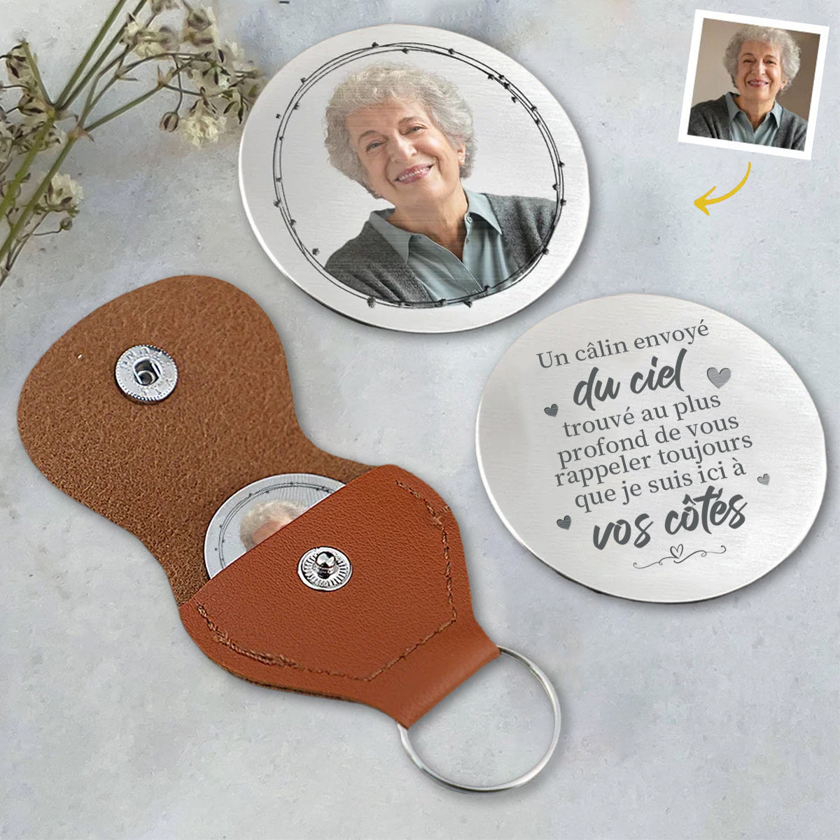Porte-Clés Commémoratif Personnalisé – “Un Câlin du Ciel” avec Photo et Message Gravé
