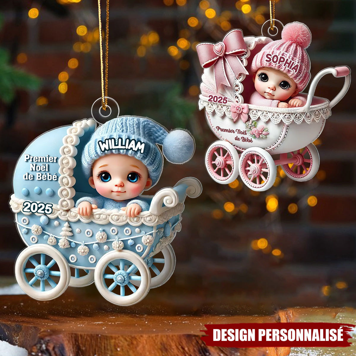 Suspension de Noël Personnalisée – Bébé nouveau-né dans un landau