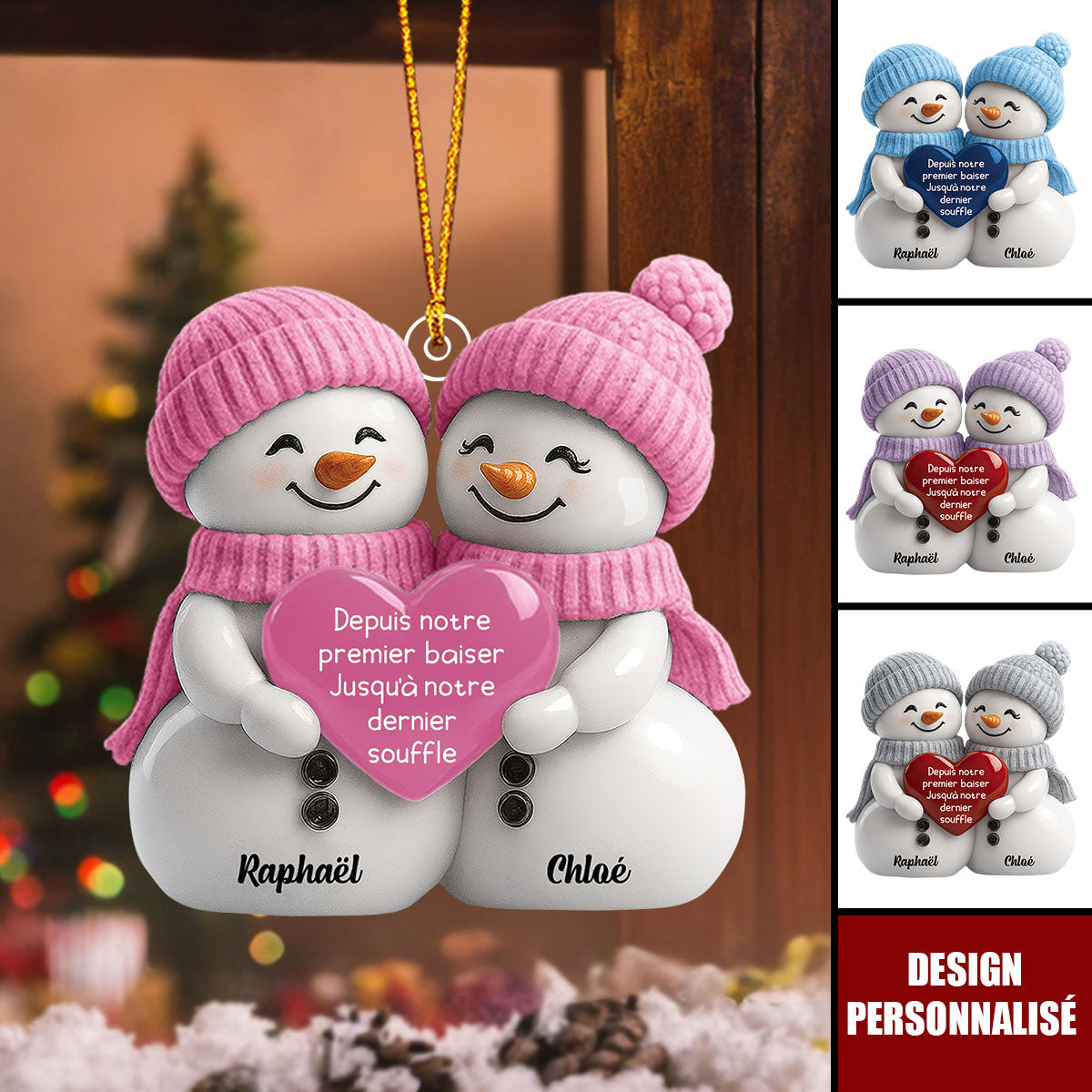 Ornement Personnalisée Couple de Bonhommes de Neige – Cadeau d’Amour Unique