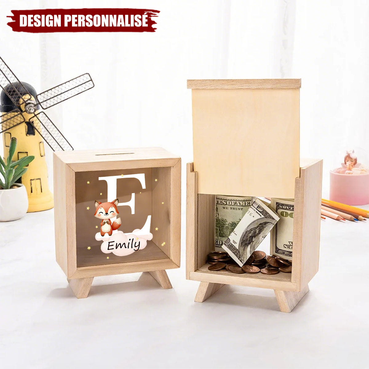 Tirelire en Bois Personnalisée avec Animal – Décoration Ludique pour Enfant