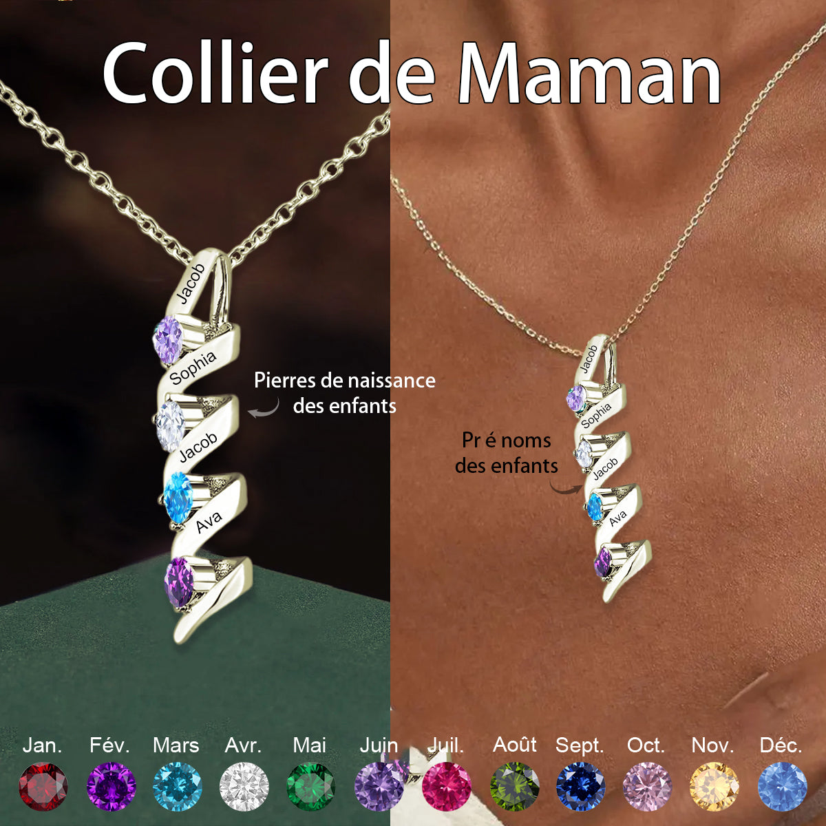 Collier Personnalisé avec Noms de Famille et Pierres de Naissance – Cadeau pour Maman ou Grand-mère