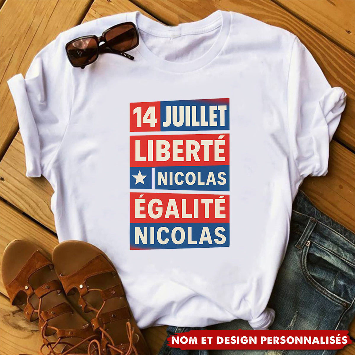 T-shirt Personnalisé 14 Juillet – Liberté, Égalité, Prénom