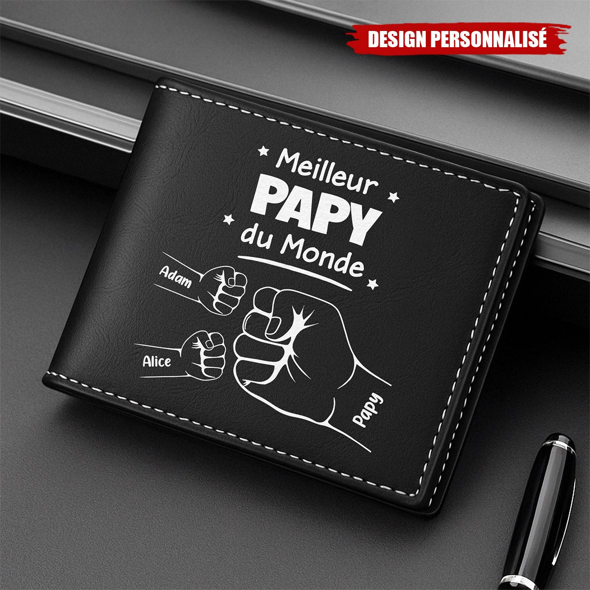 Portefeuille personnalisé "Meilleur Papa du Monde" – Poings entrelacés avec les enfants