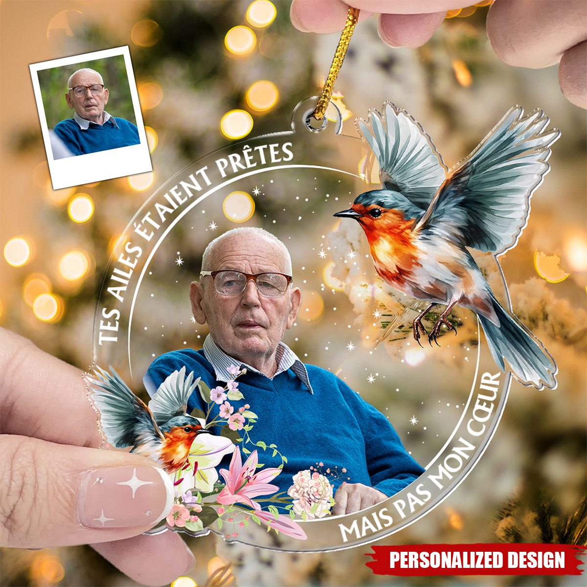 Ornement Photo en Acrylique Personnalisé – Souvenir Émotionnel avec Oiseau et Photo