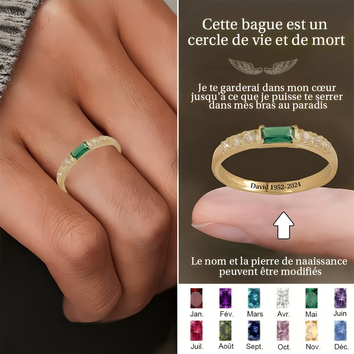 Bague Commémorative Personnalisée avec Pierre de Naissance – Cadeau de Souvenir