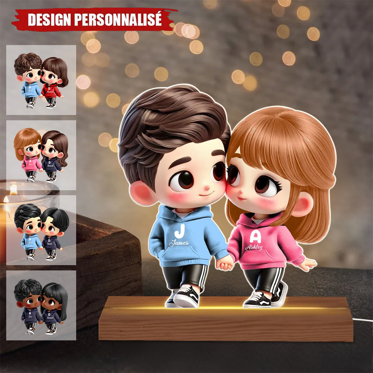 Lampe Acrylique Personnalisée Couple Cartoon – Cadeau Romantique avec Prénoms et Lumière LED