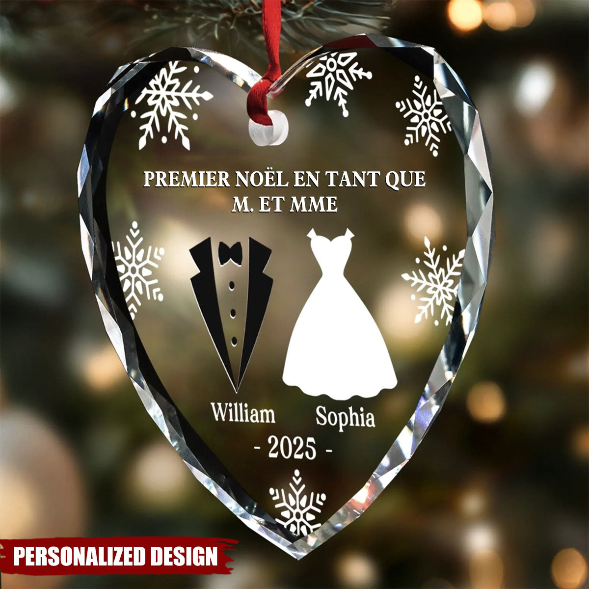 Ornement en Verre en Forme de Cœur Personnalisé - Premier Noël Mariés