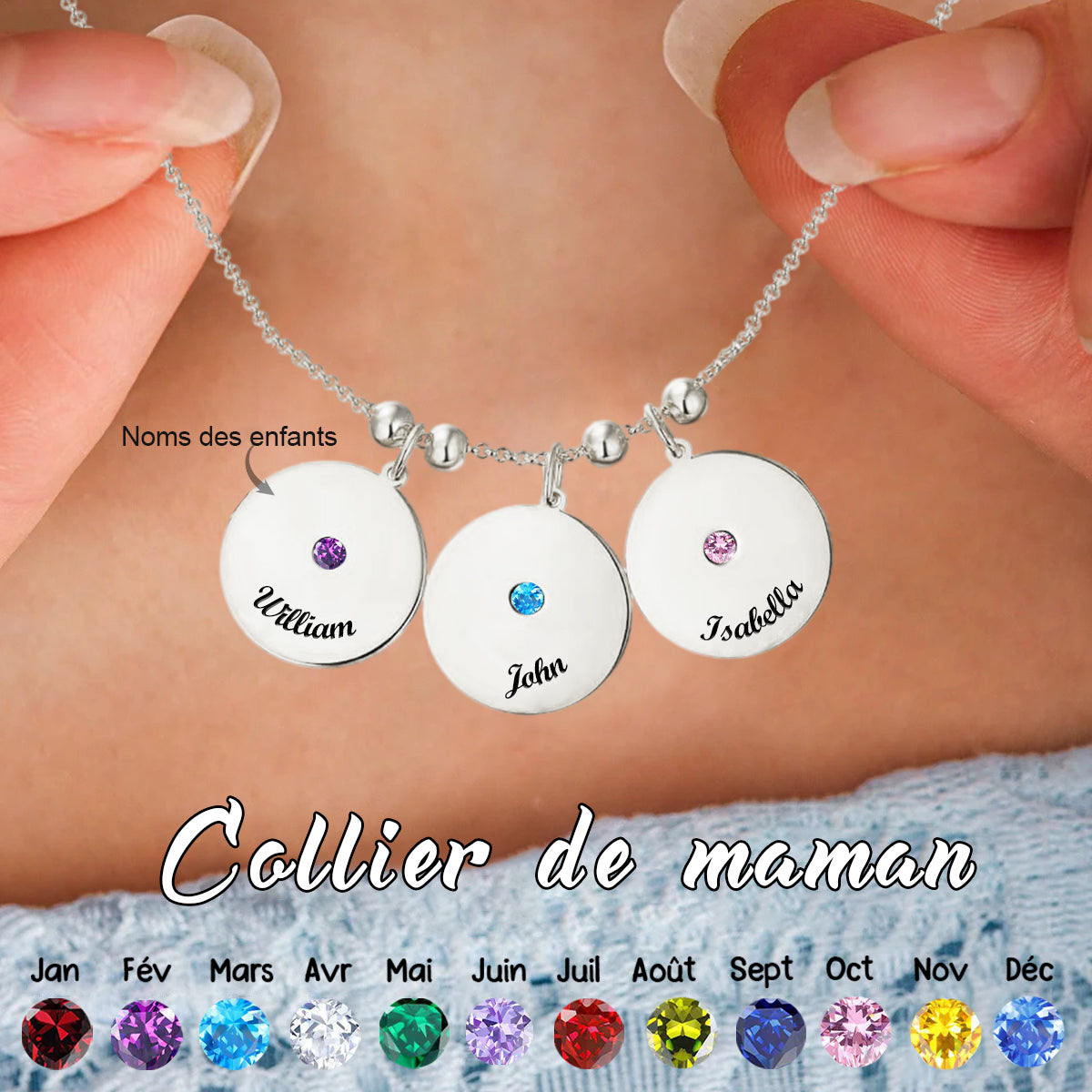 Collier Personnalisé avec Nom Gravé et Pierre de Naissance – Cadeau pour la Fête des Mères