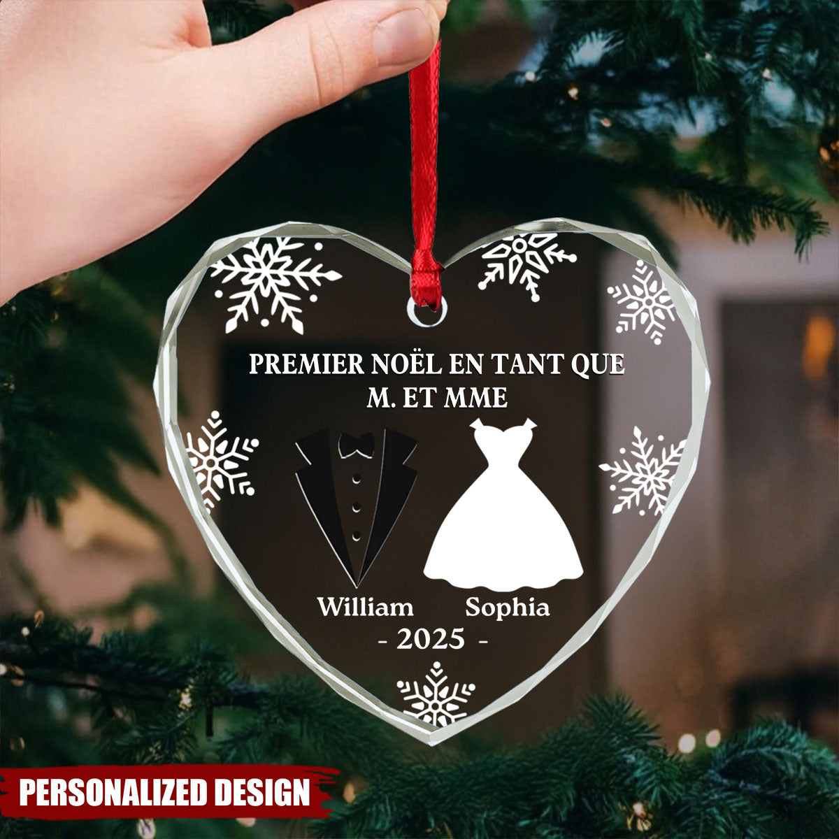 Ornement en Verre en Forme de Cœur Personnalisé - Premier Noël Mariés