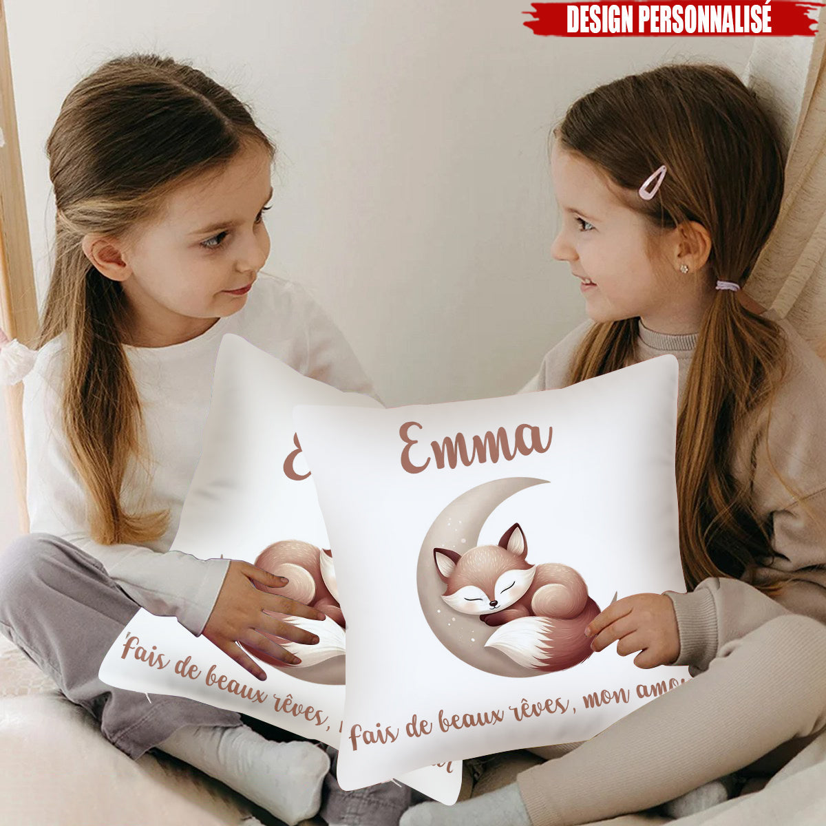 Housse de Coussin Personnalisée - Design Animal Mignon et Nom