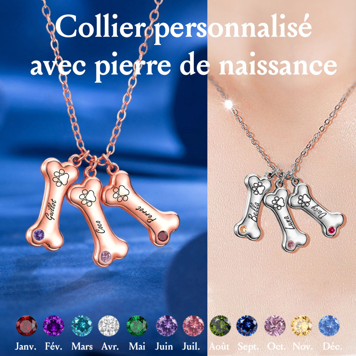Collier Personnalisé en Forme d’Os - Cadeau Unique pour Amoureux des Animaux