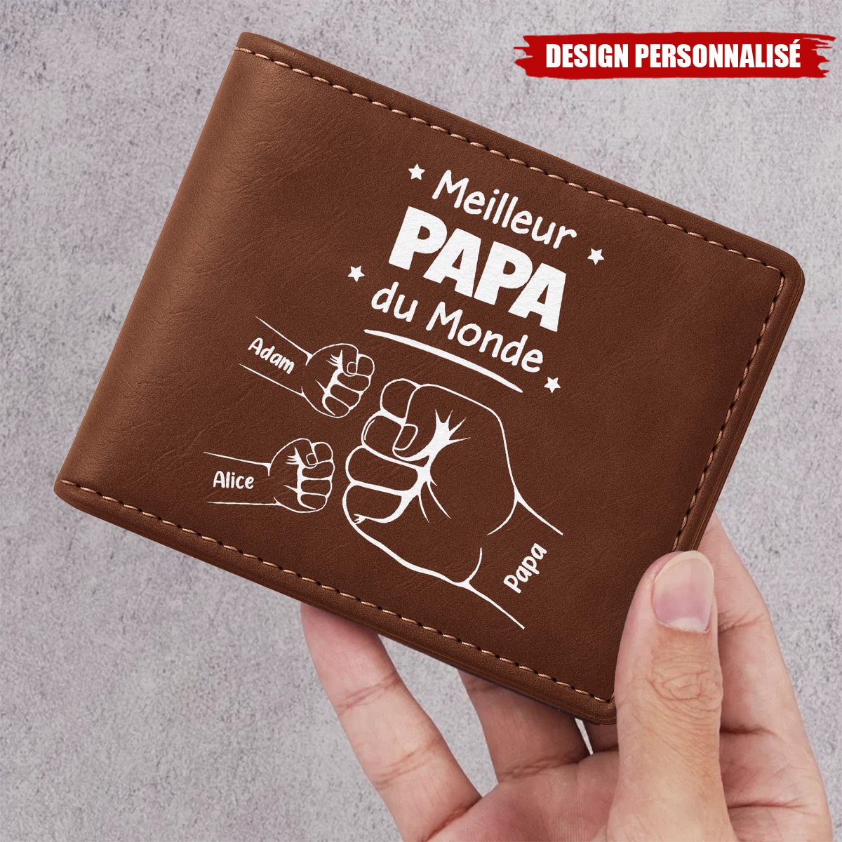 Portefeuille personnalisé "Meilleur Papa du Monde" – Poings entrelacés avec les enfants
