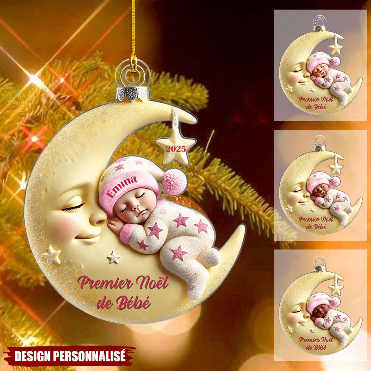 Premier Noël de Bébé – Décoration Personnalisée en Acrylique avec Lune et Bébé Dormant
