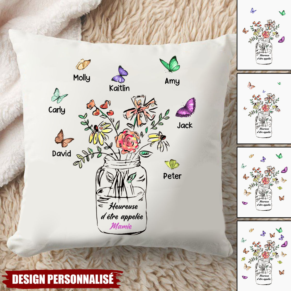 Coussin Personnalisé avec Papillons et Prénoms – Cadeau Émotionnel et Unique pour Mamie