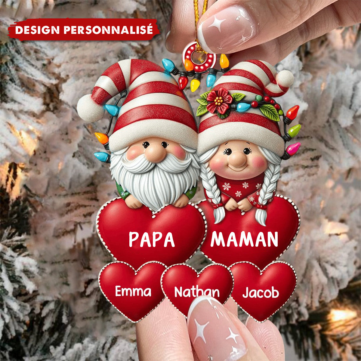 Ornement de Noël Personnalisé Lutins avec Cœurs – Prénoms et Surnoms au Choix