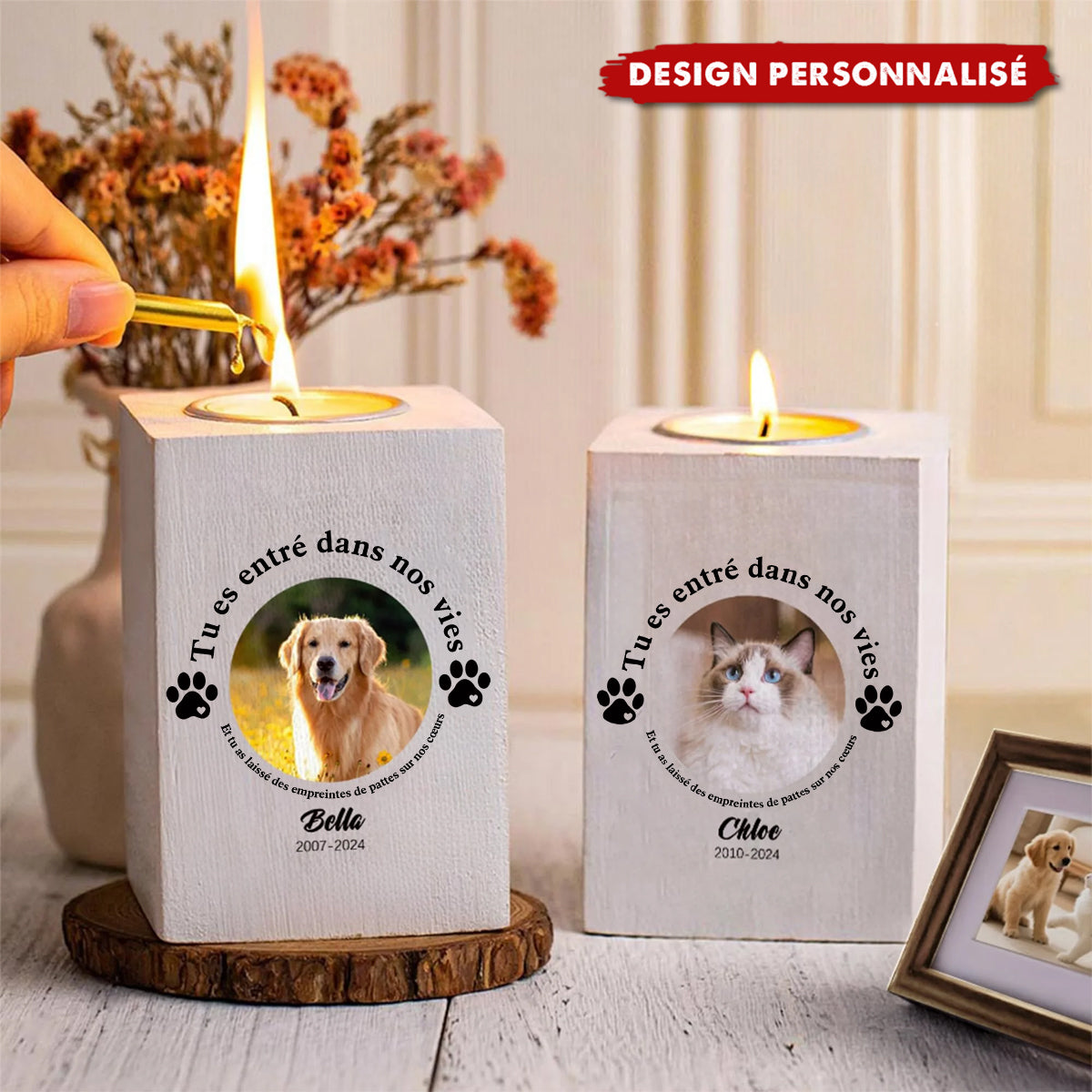 Bougeoir en Bois Personnalisé – Hommage pour Animaux de Compagnie