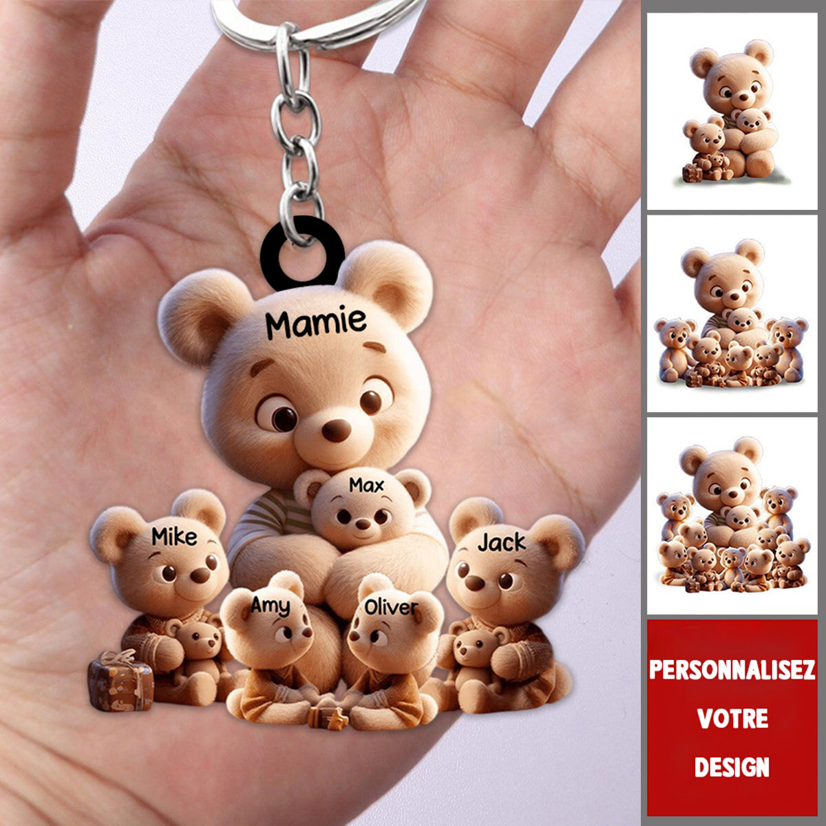 Porte-Clés Famille d’Ours Personnalisé – “Mamie et ses Petits Oursons”
