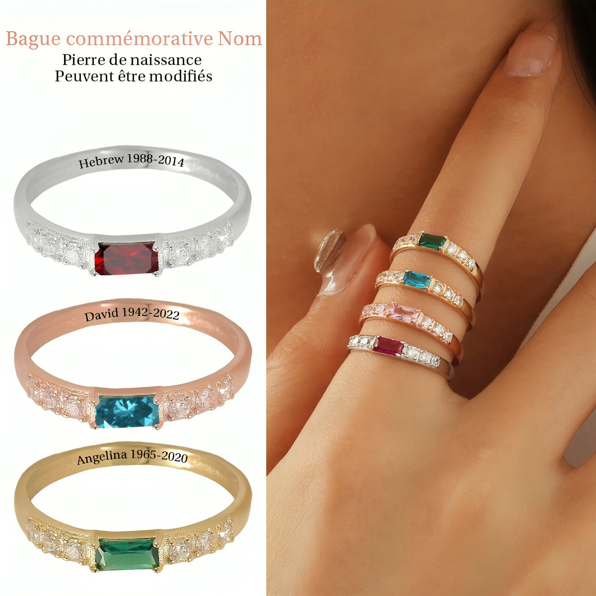 Bague Commémorative Personnalisée avec Pierre de Naissance – Cadeau de Souvenir