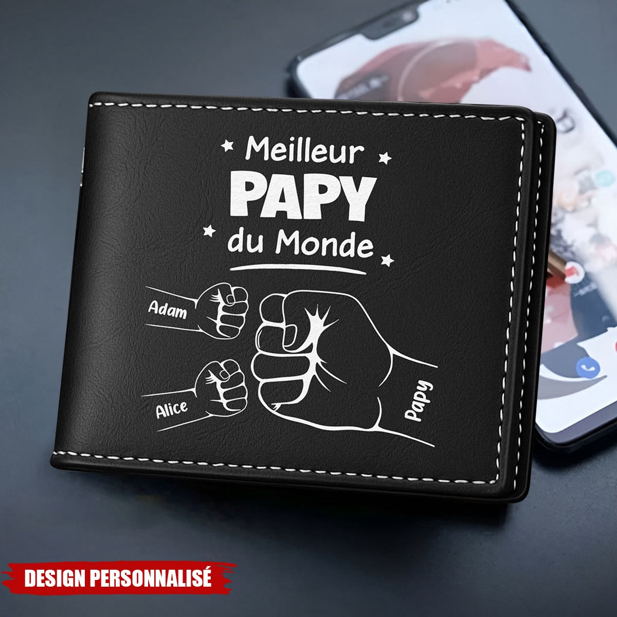 Portefeuille personnalisé "Meilleur Papa du Monde" – Poings entrelacés avec les enfants