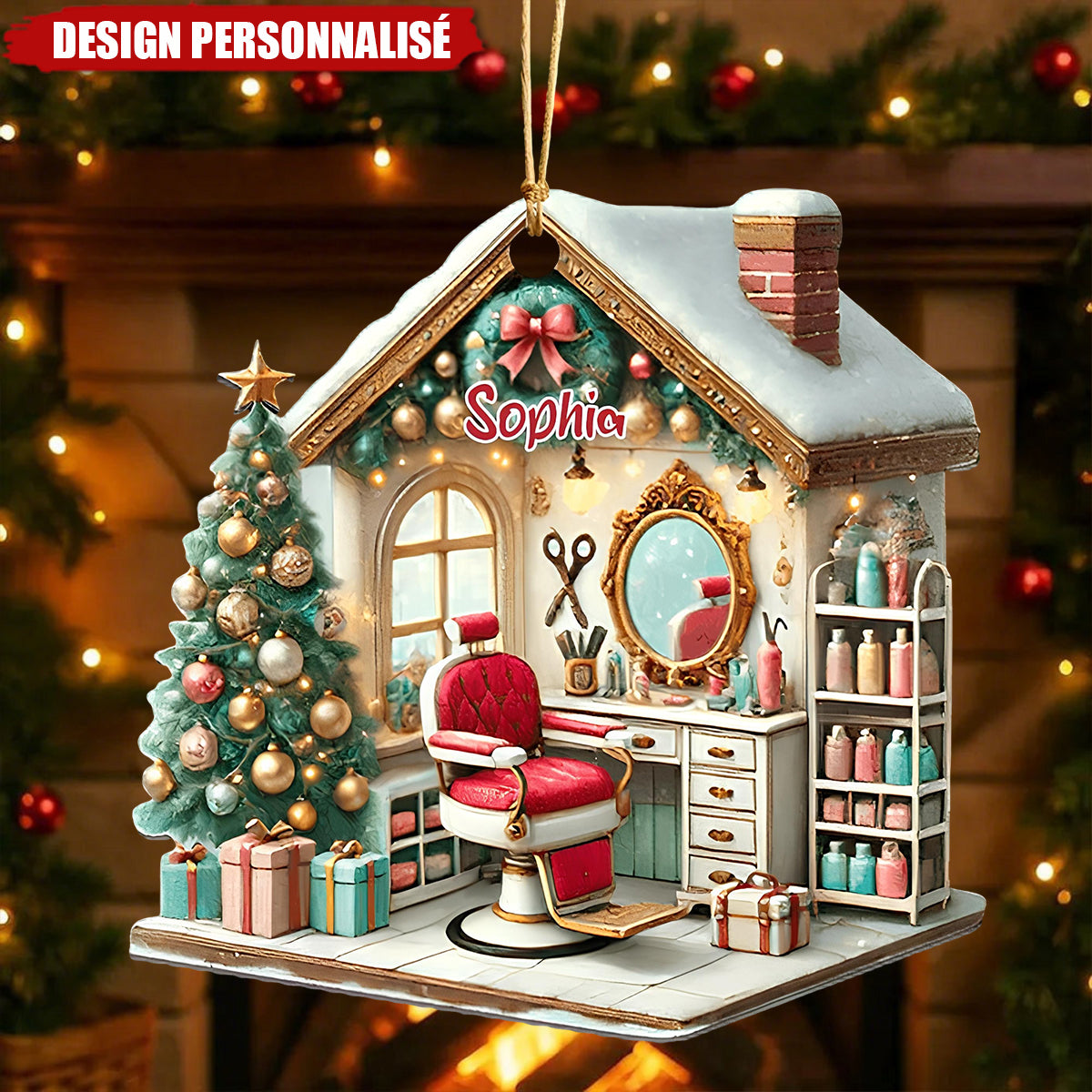 Décoration de Noël Personnalisée pour Salon de Coiffure – Cadeau de Noël pour Propriétaire de Salon de Coiffure