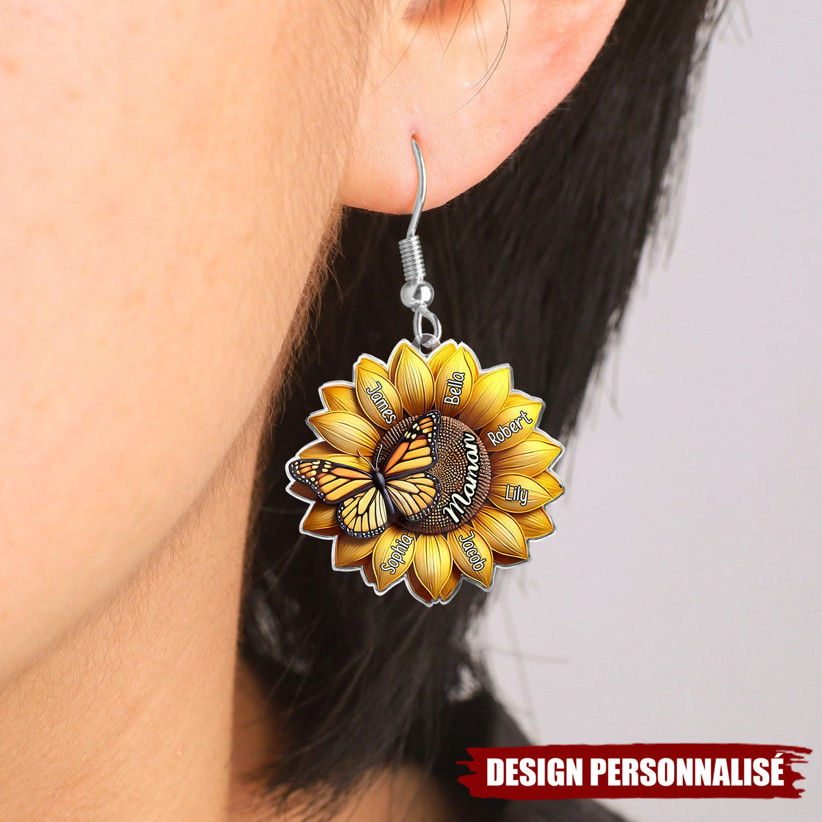 Boucles d’oreilles personnalisées Tournesol – Cadeau Unique pour Maman