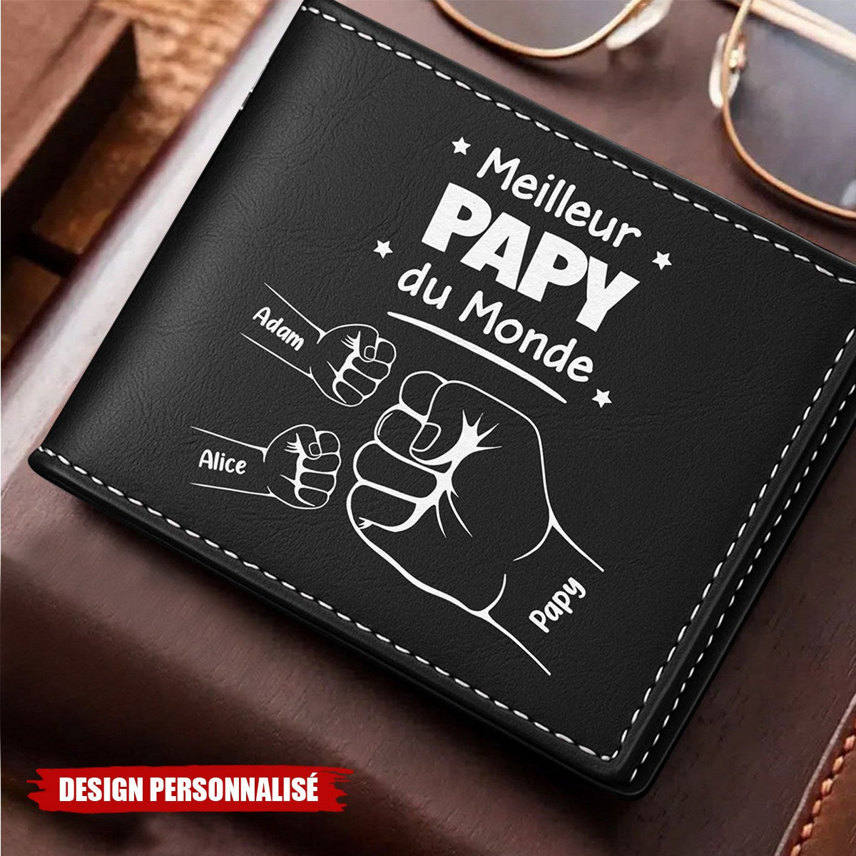 Portefeuille personnalisé "Meilleur Papa du Monde" – Poings entrelacés avec les enfants