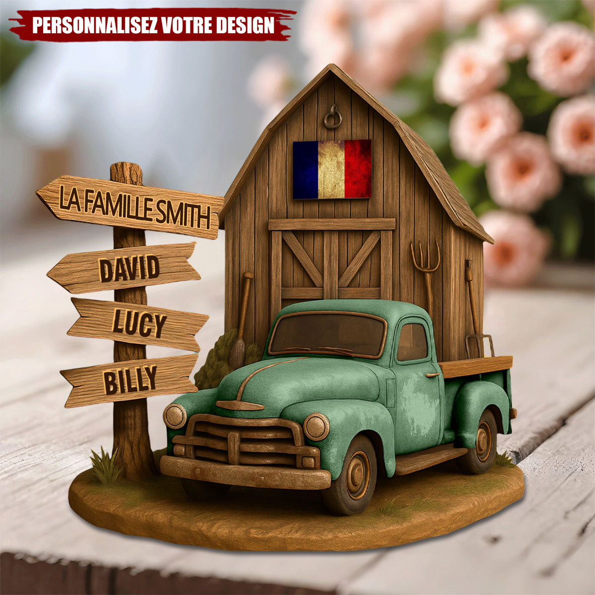 Ferme Familiale Personnalisée avec Camionnette Vintage – Cadeau Unique pour Famille