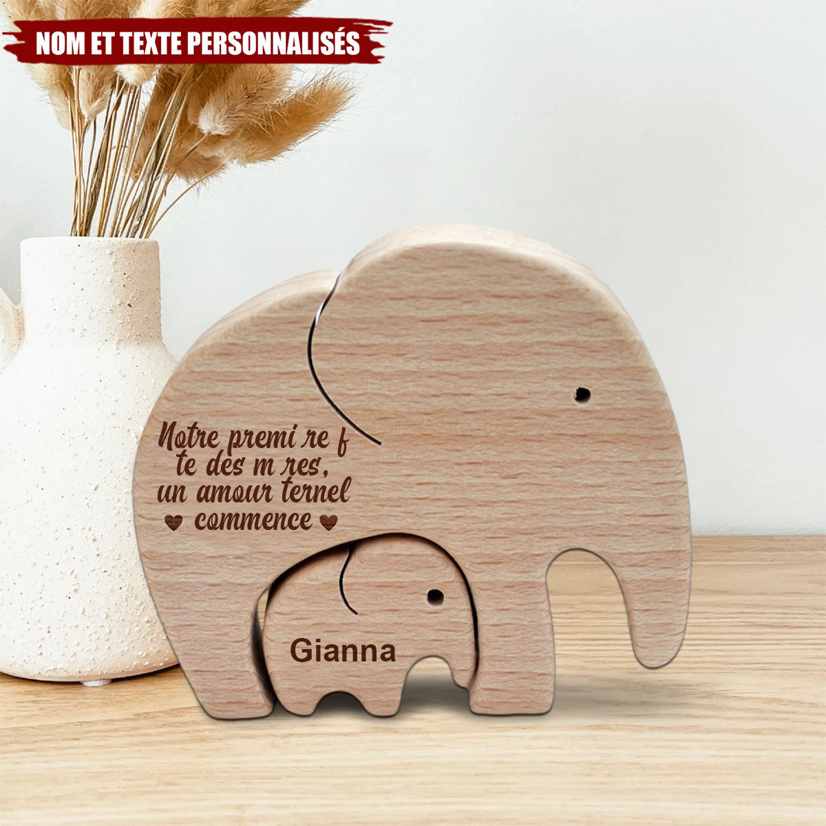 Éléphants en bois personnalisés – Maman et bébé, cadeau pour une première fête des mères