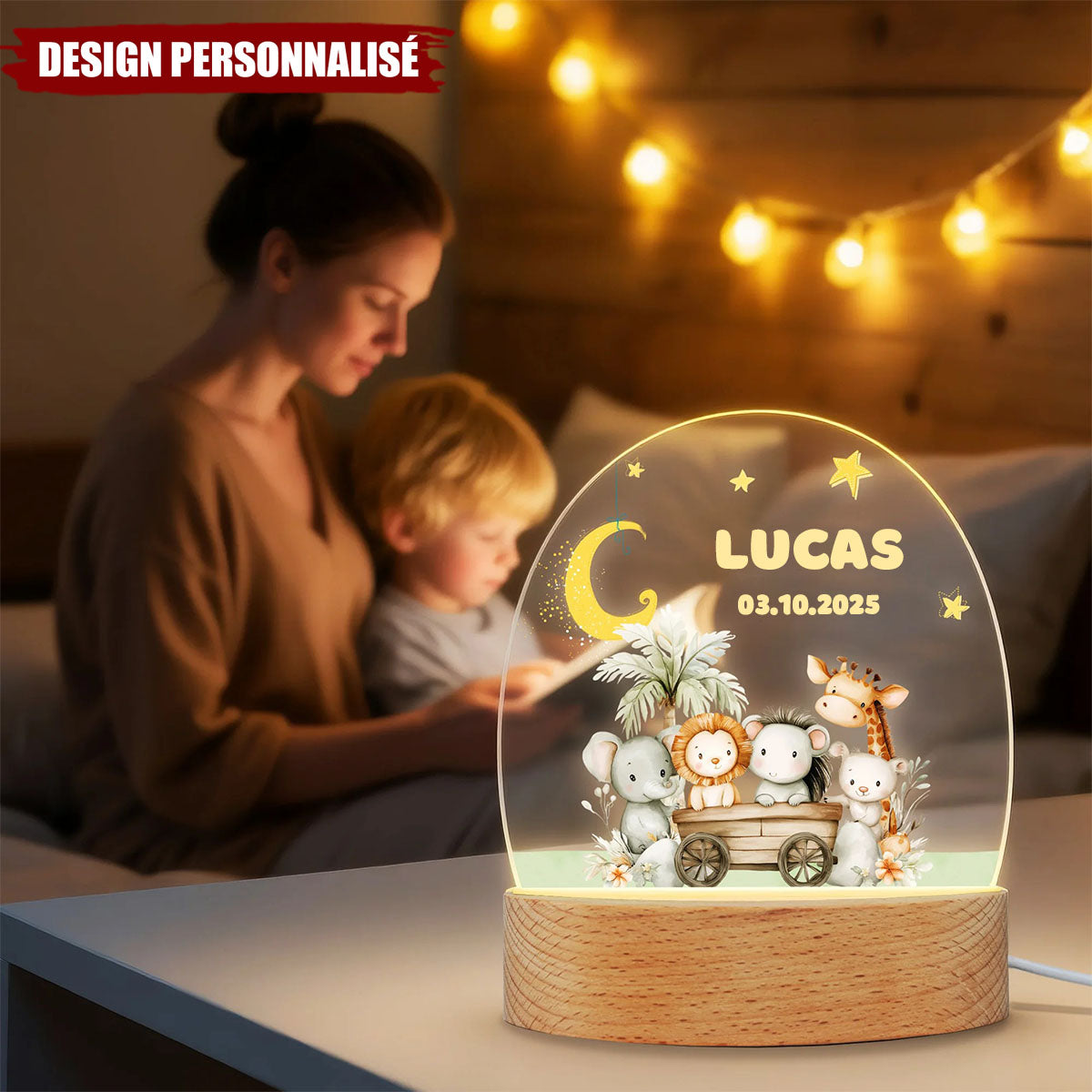 Lampe LED Personnalisée – Animaux de la Savane sous la Lune