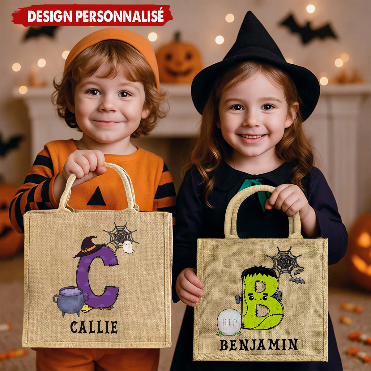 Sac Fourre-Tout Personnalisé Halloween – Design Initiales et Prénom