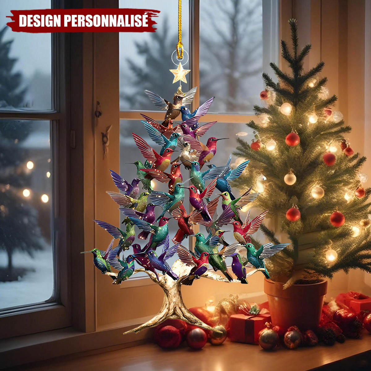 Ornement Acrylique Personnalisé – Arbre de Noël aux Colibris Multicolores