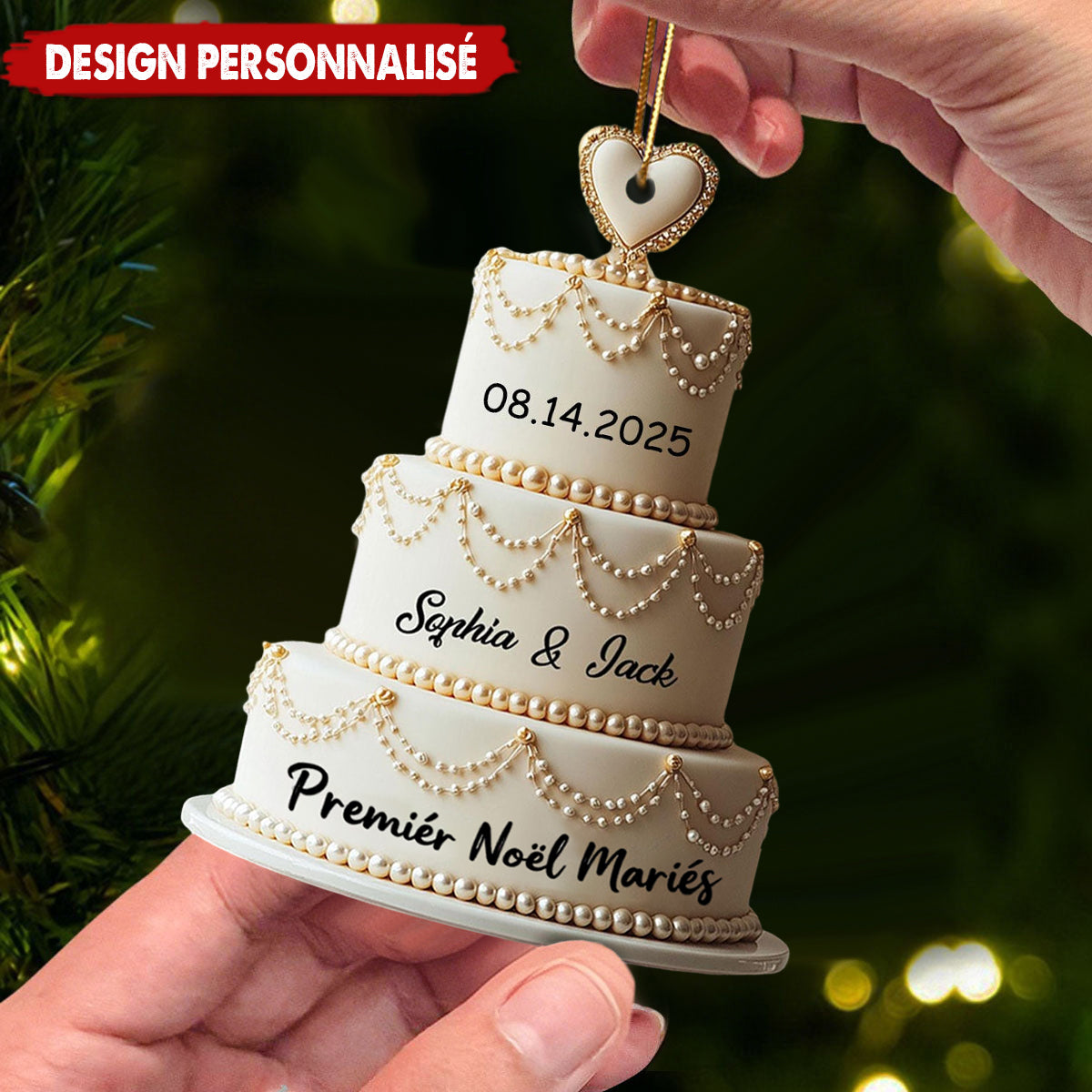 Ornement Acrylique Personnalisé en Forme de Gâteau – Premier Noël de Jeunes Mariés