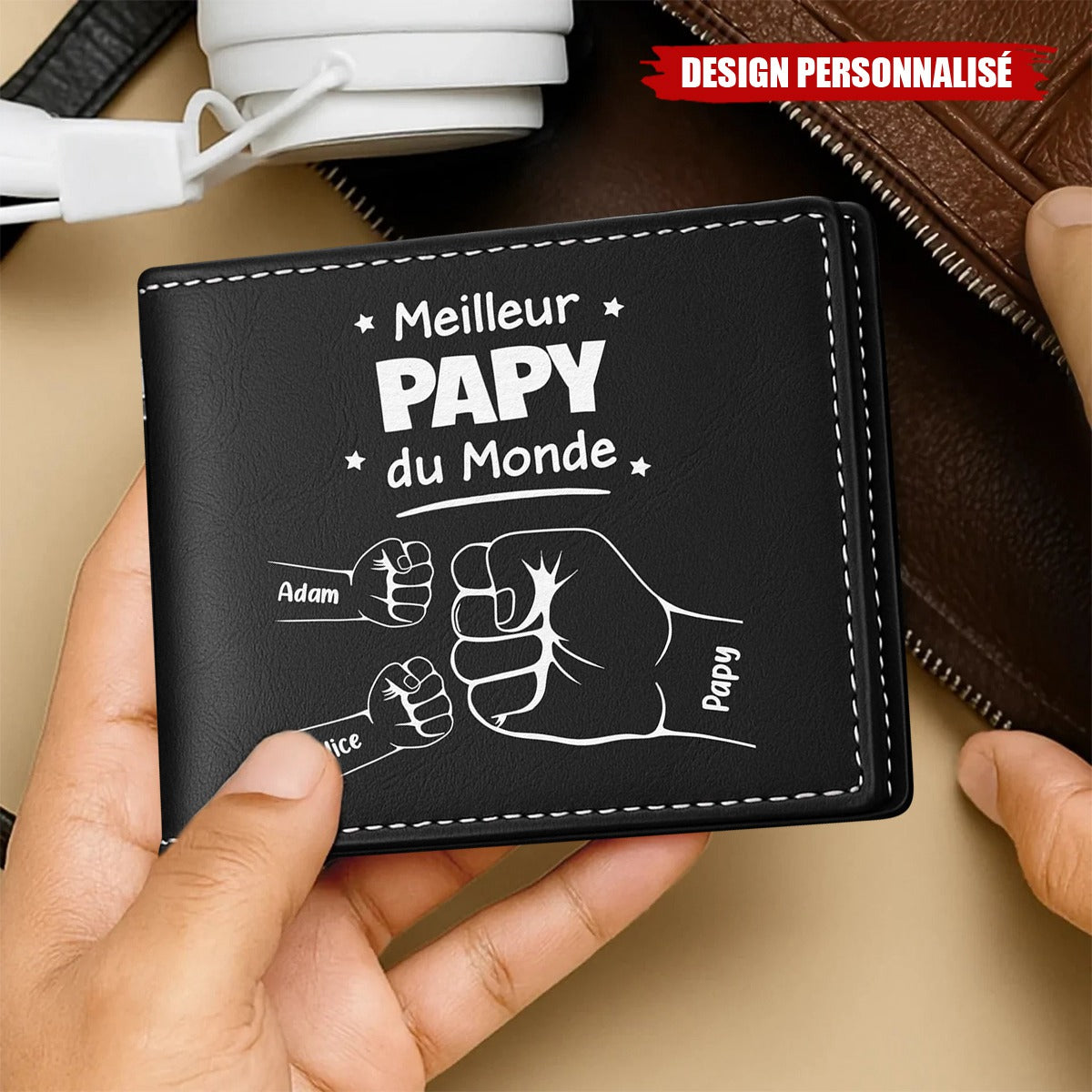 Portefeuille personnalisé "Meilleur Papa du Monde" – Poings entrelacés avec les enfants