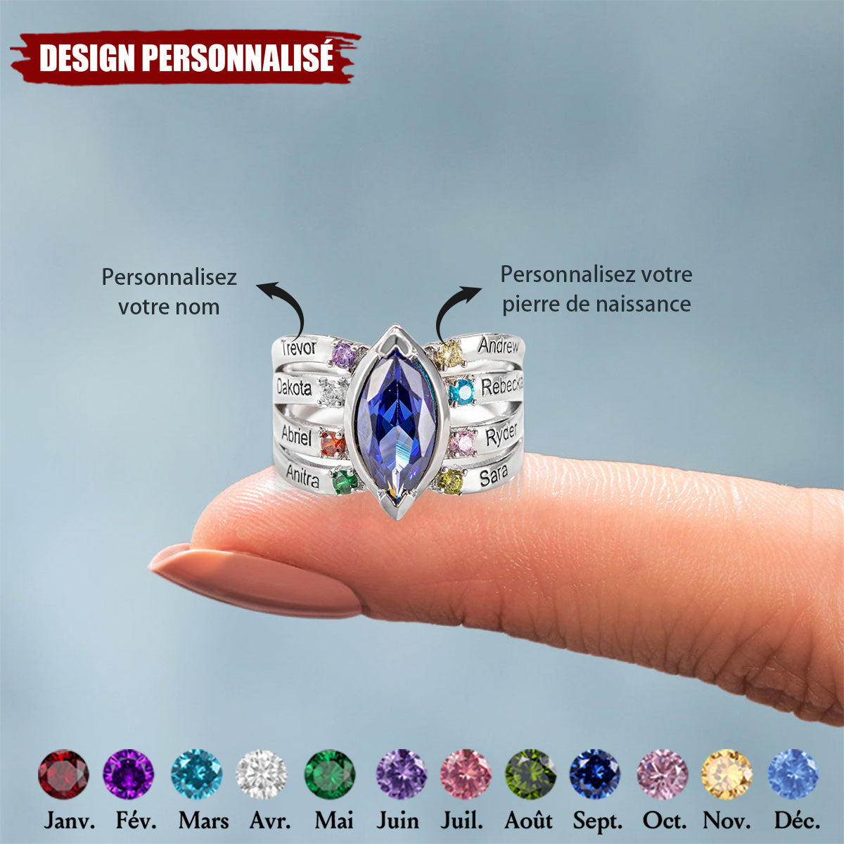 Bague Personnalisée avec Pierres de Naissance et Noms Gravés – Cadeau Unique pour Maman