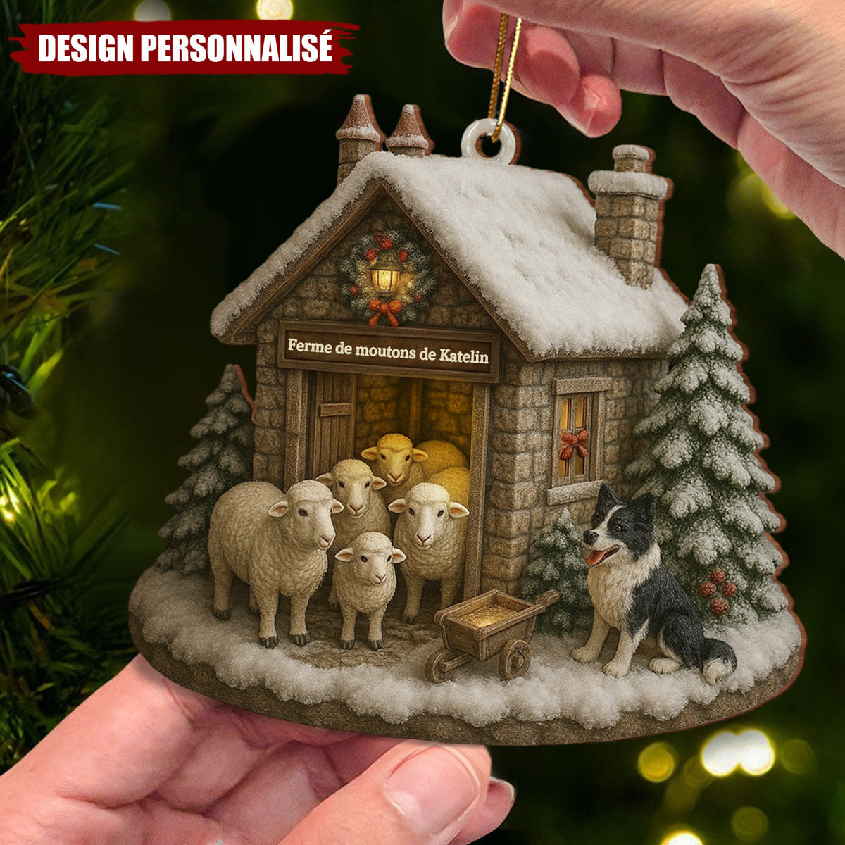 Ornement en Bois Personnalisé – Petite Ferme Hivernale avec Moutons