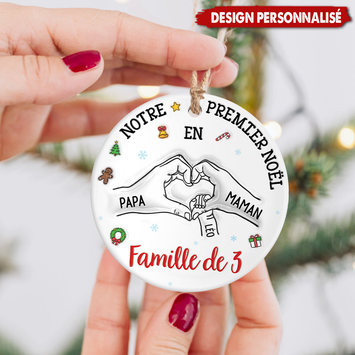 Ornement de Noël en Céramique Personnalisé – Premier Noël en Famille avec Prénoms et Date