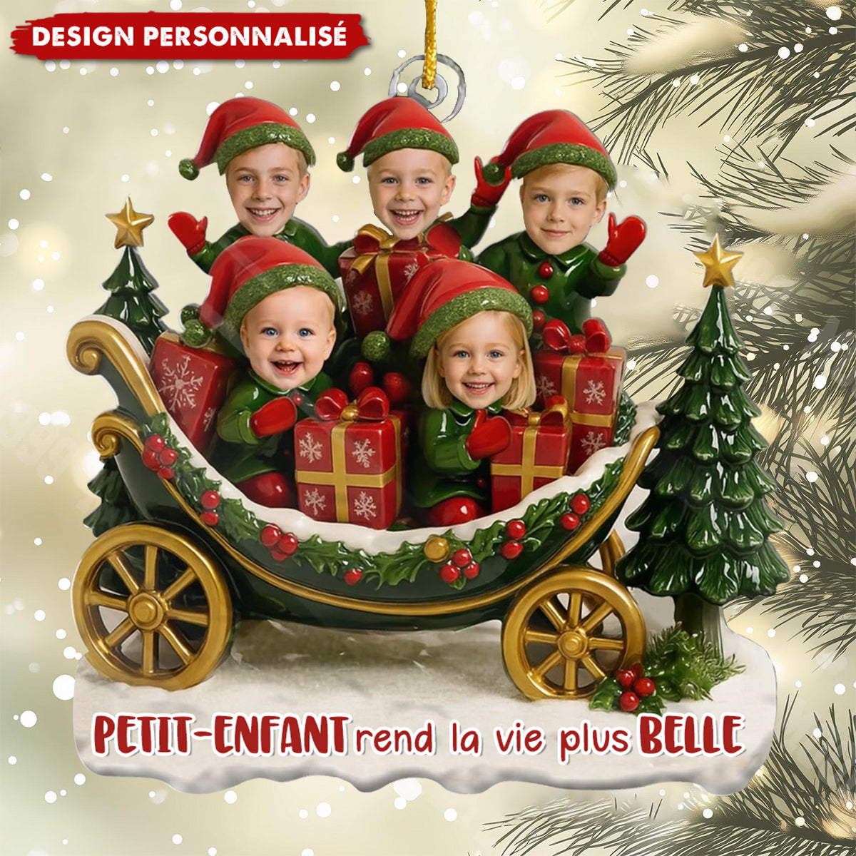 Décoration de Sapin Personnalisée – Traîneau de Noël avec Enfants