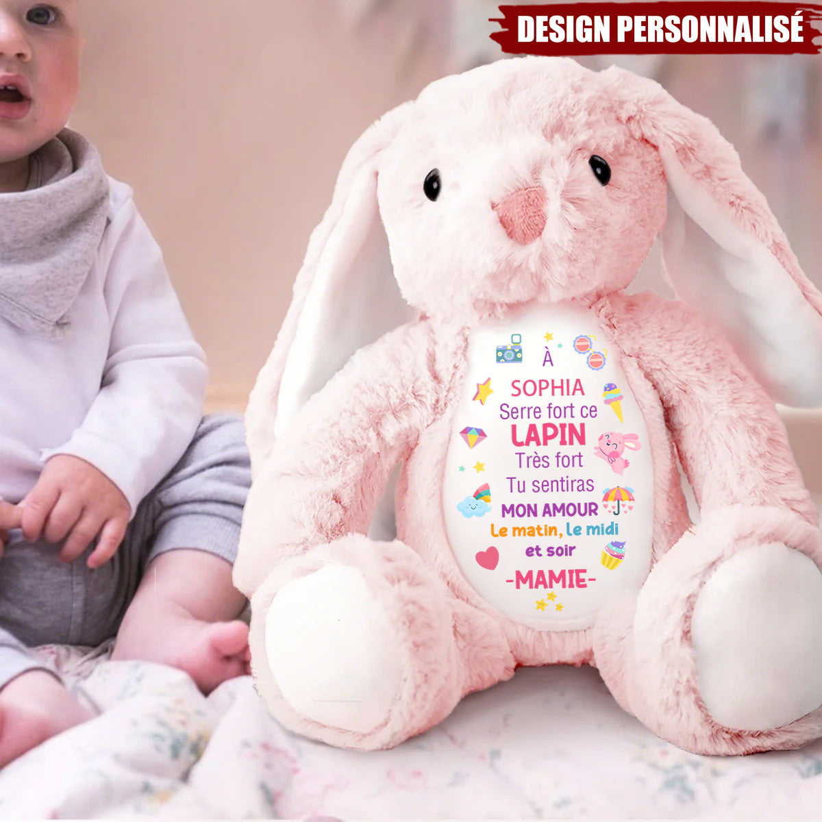 Peluche lapin personnalisée – Message d’amour de Maman/Mamie